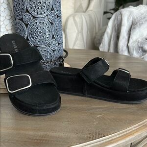 Anne Klein Black Slide Sandals with Silver Buckles